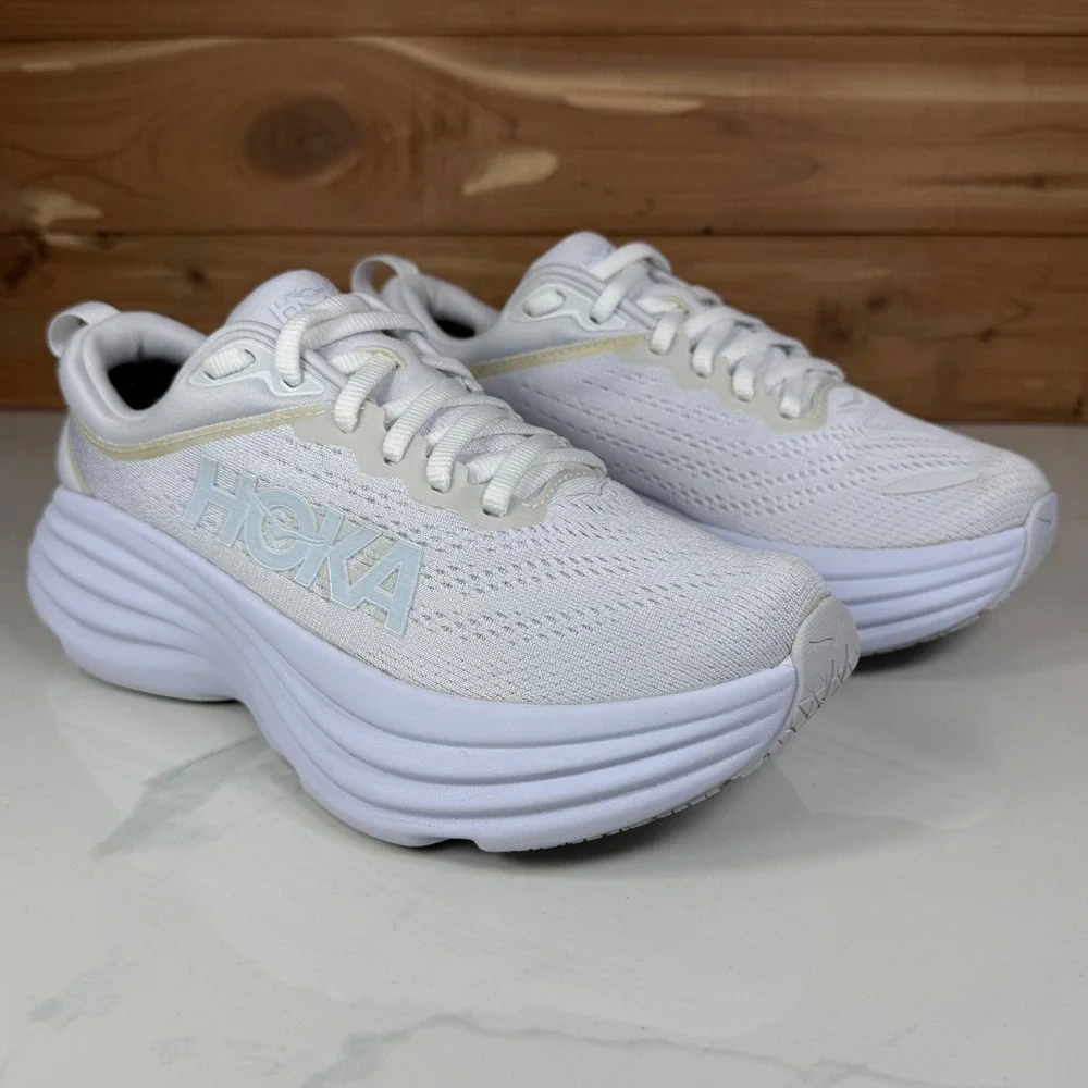 Hoka One One White Athletic Running Shoes with Subtle Gold Trim
